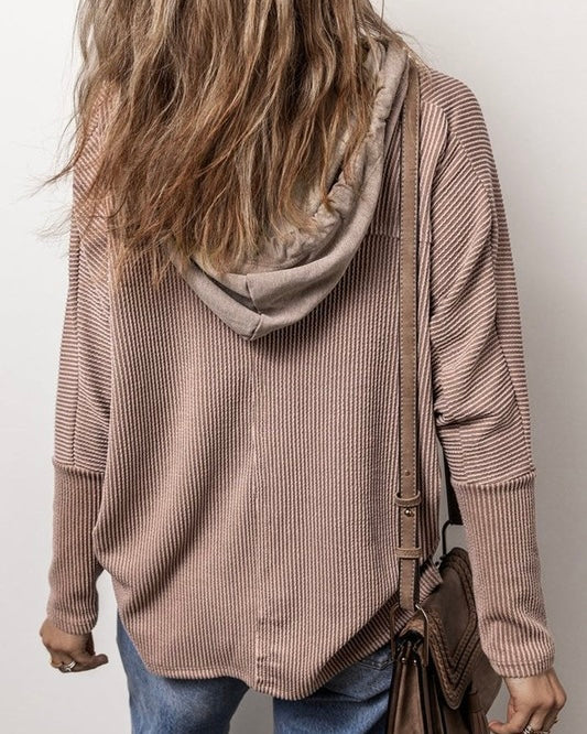 Latte Brown Ribbed Flap Pocket Patchwork Corded Drawstring Hoodie Button Neck Long Sleeve Top