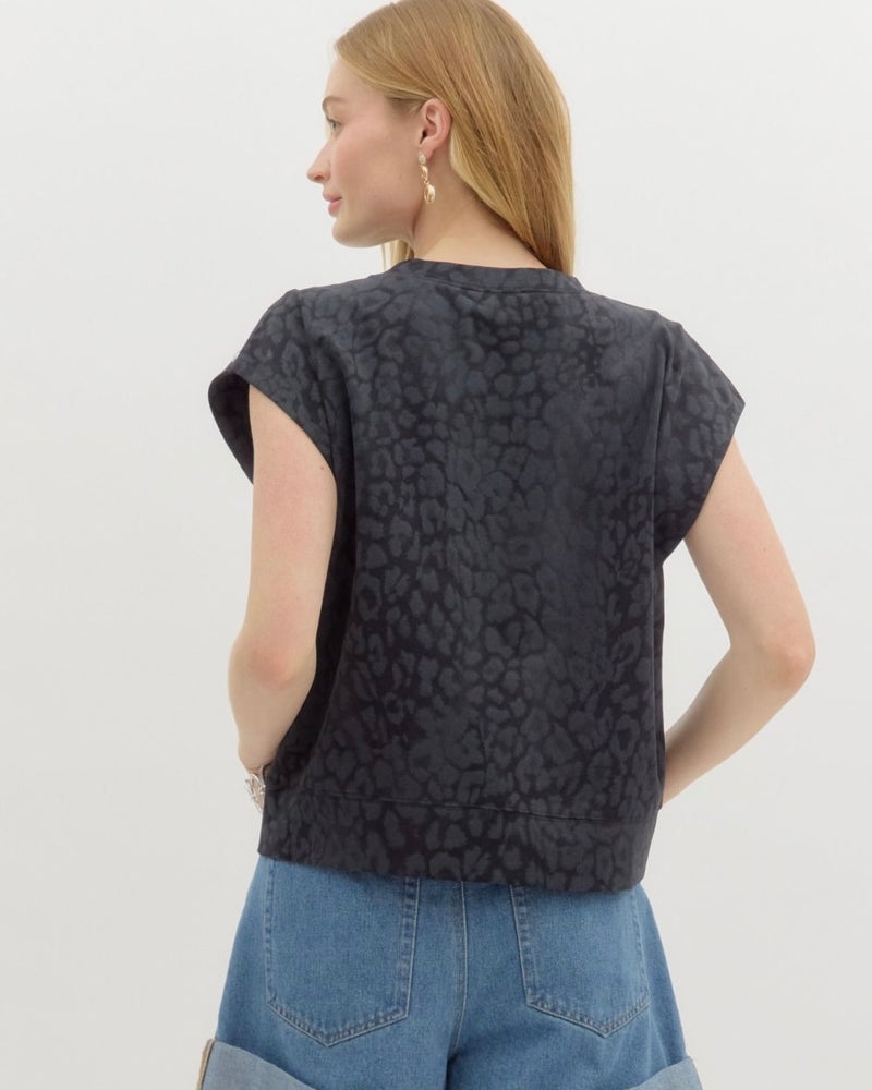 Khaki Brown or Charcoal Black Sleeveless Leopard Print Stud Shoulder Top