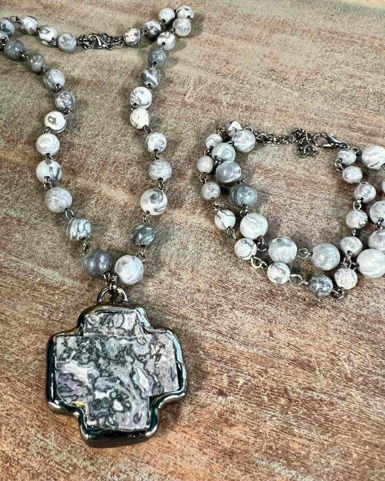 Gray, Turquoise or White Short Necklace with Stone Cross Pendant and Matching Beaded Bracelet Set