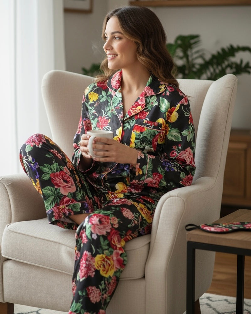 Black Floral Print 2 Pc Pant Satin Lined Pajama Lounge Set