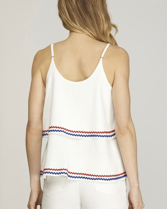 White w/Red & Blue Ricrac Double Layered Woven Linen Cami Adjustable Spaghetti Straps Tank Top
