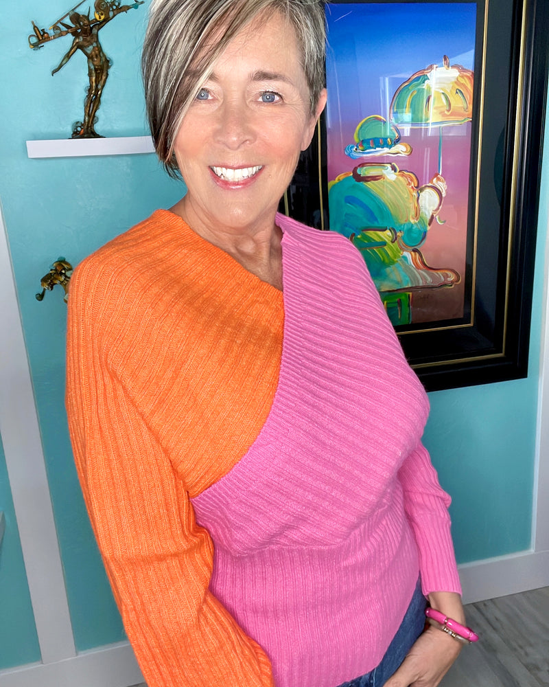 Pink & Orange Crossover VNeck Long Sleeve Ribbed Sweater