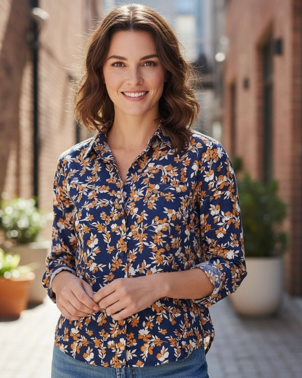 Navy & Rust Floral Print Button Down Long Sleeve Top