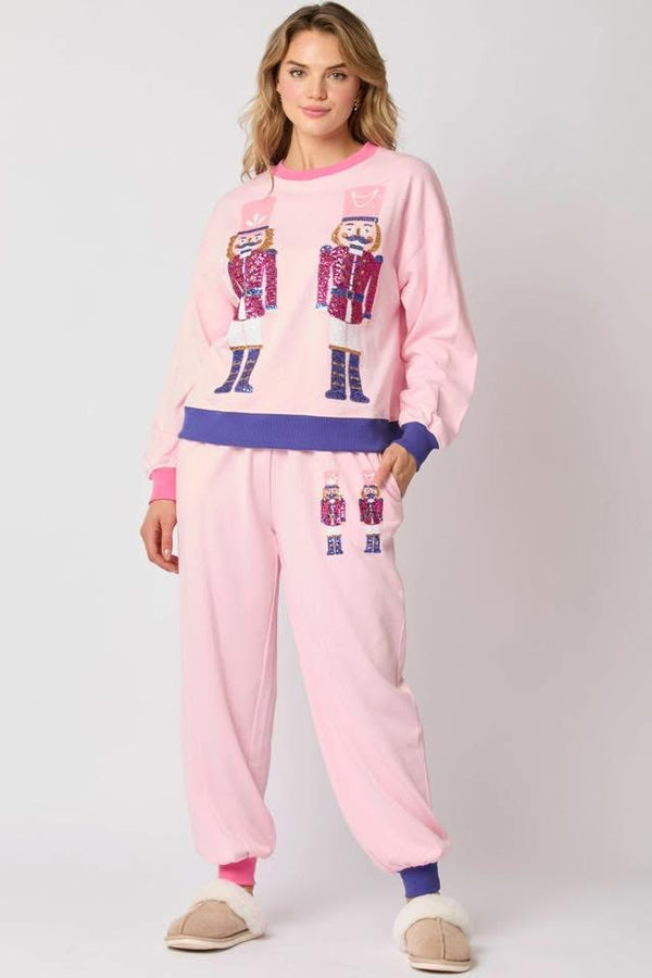 Pink 2 Pc Christmas French Terry Sequin Nutcracker Pullover Sweatshirt & Pant Set