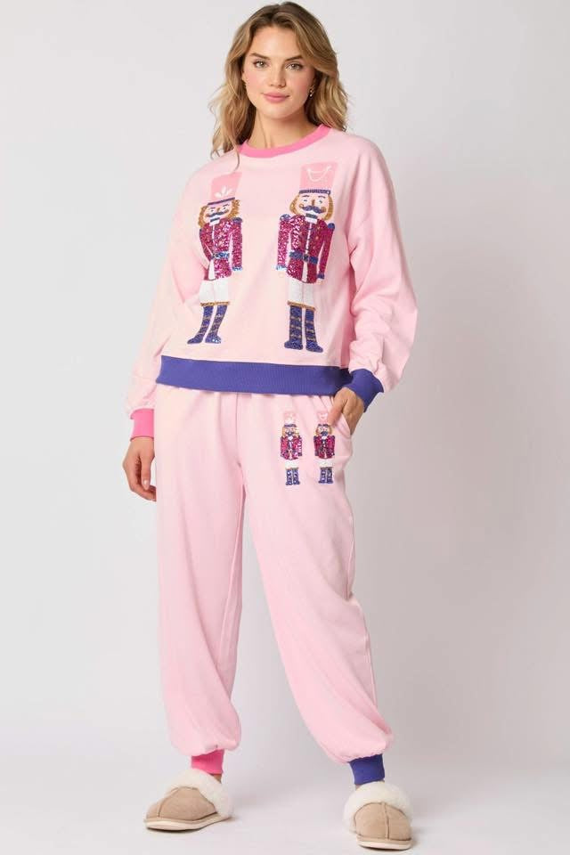 Pink 2 Pc Christmas French Terry Sequin Nutcracker Pullover Sweatshirt & Pant Set