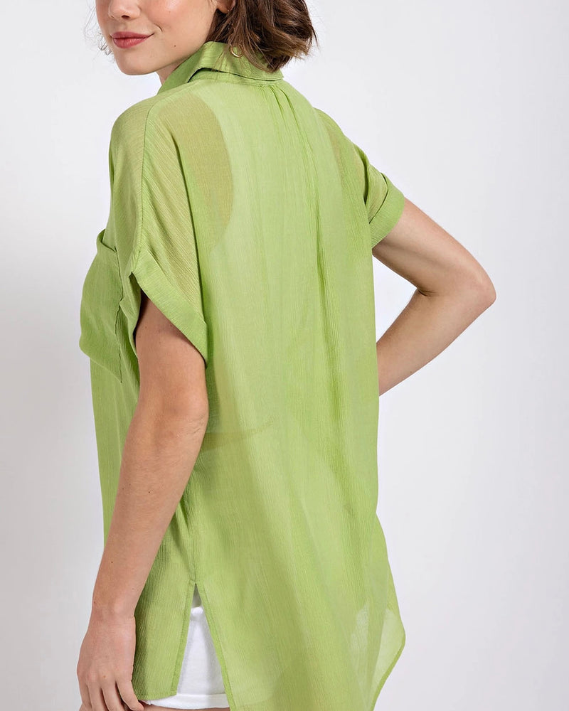 Plus Size Crinkled Oversized Lime Green Button Down Short Rolled Sleeve Collared Tunic Top