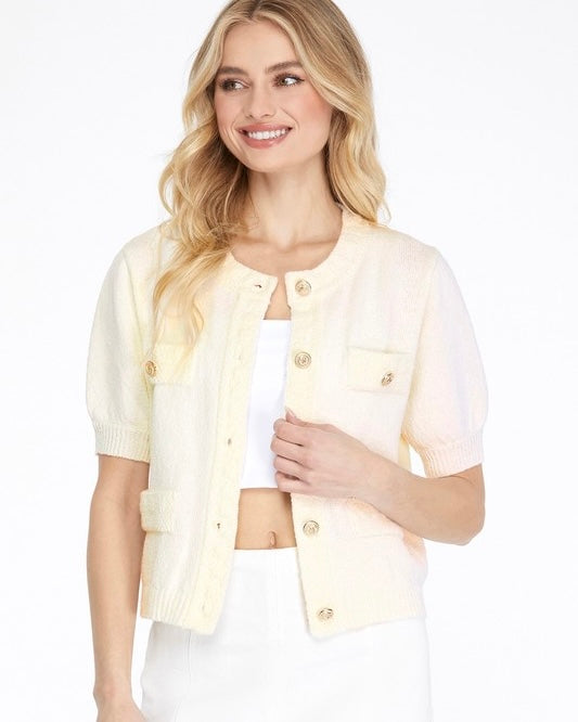 Pink, Cream or Blue Gold Button Front Short Sleeve Sweater Top