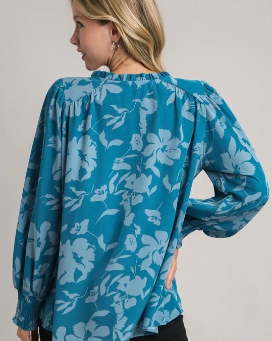 Plus Size Turquoise Teal Blue Floral Print Tie Open Neck Long Smock Cuff Sleeve Top