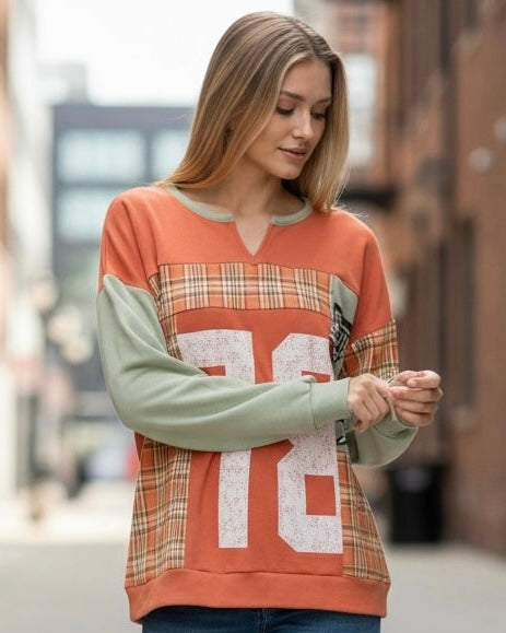 Terra Cotta & Green Contrast Plaid Long Sleeve Pullover Top