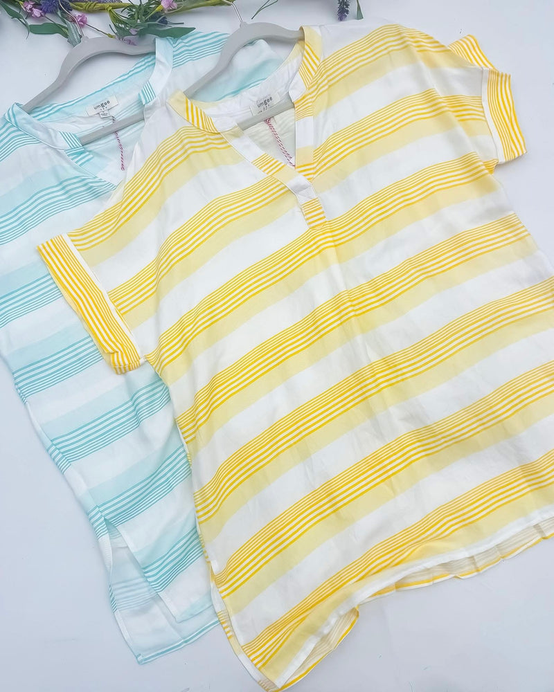 Turquoise & White or Yellow & White Stripe Side Slit Open Neck Short Sleeve Tunic Top