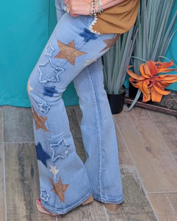 Washed Star Patch Boot Cut Flare Denim Blue Jean Pant