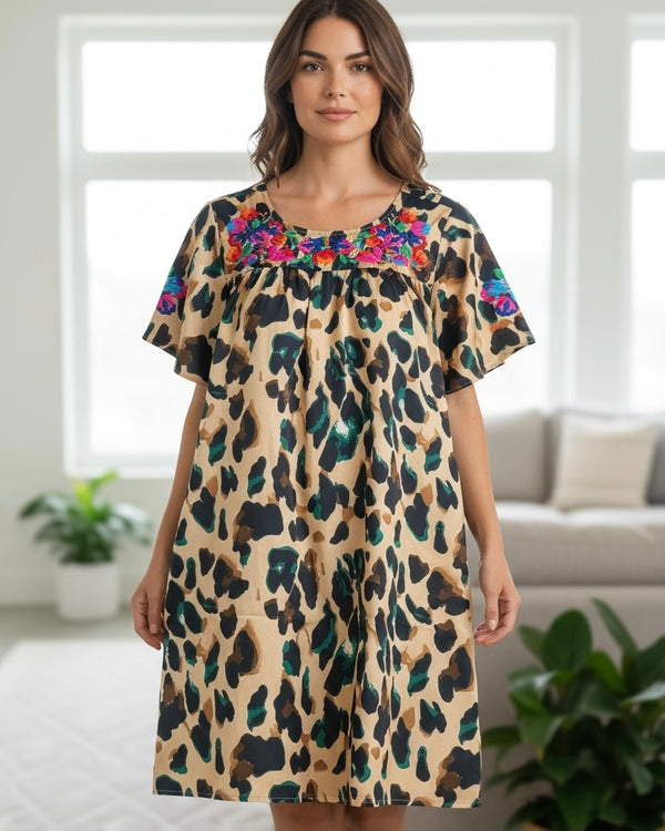 Brown & Black Satin Leopard Short Sleeve Embroidery Dress