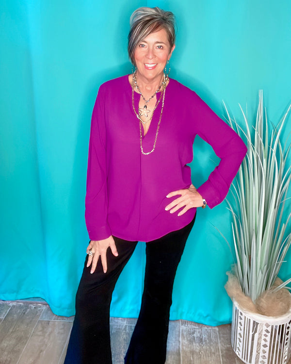 Purple Open VNeck Long Sleeve Blouse