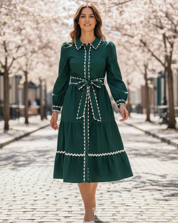 Solid Green Ric Rac Belted Waist Midi Button-Up Collared Neck Long Sleeve Dress