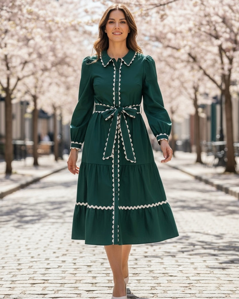 Solid Green Ric Rac Belted Waist Midi Button-Up Collared Neck Long Sleeve Dress