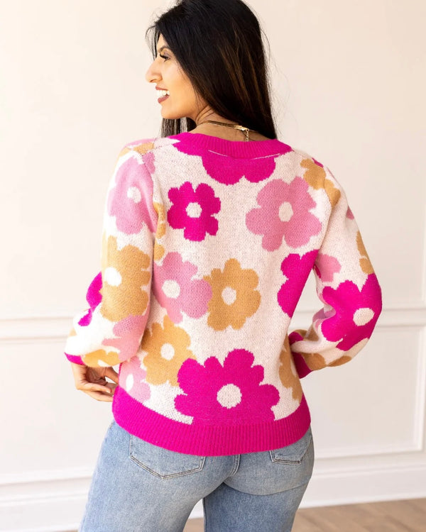 Pink & Khaki Retro Flowers on Cream Backgroud Long Sleeve Round Neck Sweater Top