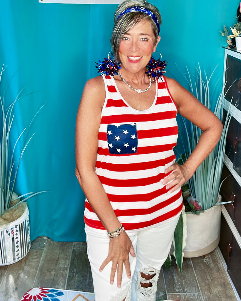 S-2X RWB USA Patriotic Tank Top Red Stripes USA Star Pocket