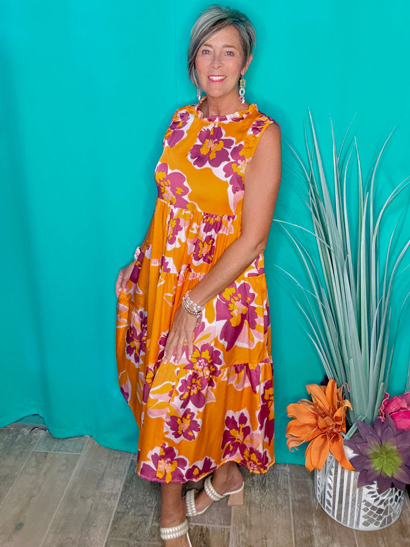 Orange & Purple Flower Print Cap Sleeve Ruffle Neck Midi Dress