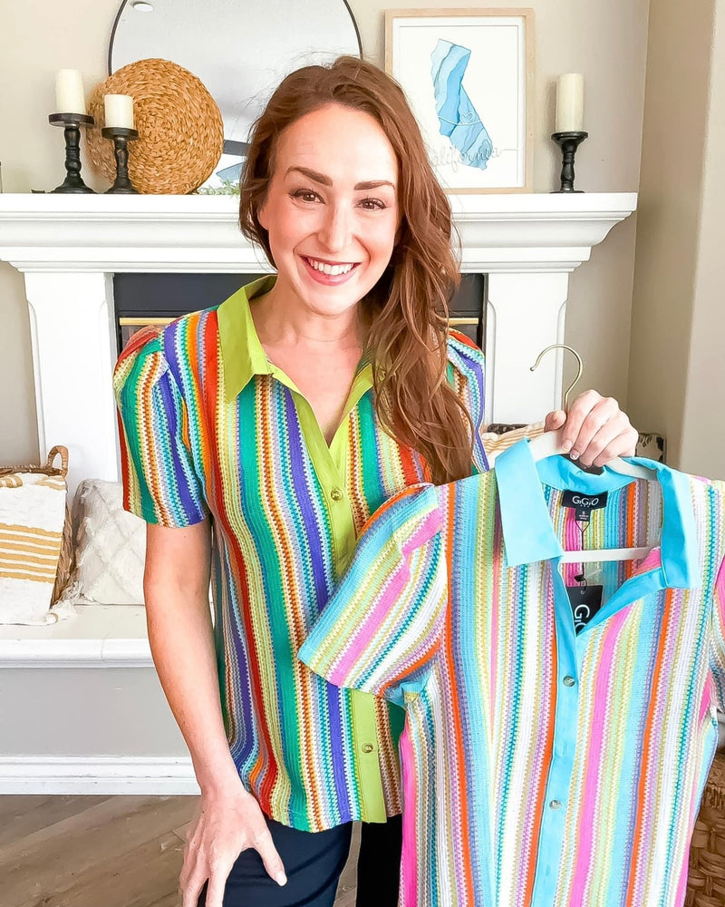 Green Collared Multicolor Striped Puff Short Sleeve Button Down Top