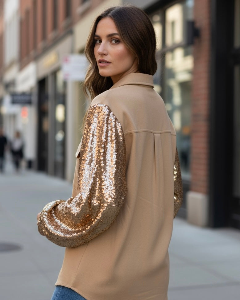 Khaki Button Down Sequin Long Sleeve Jacket Top