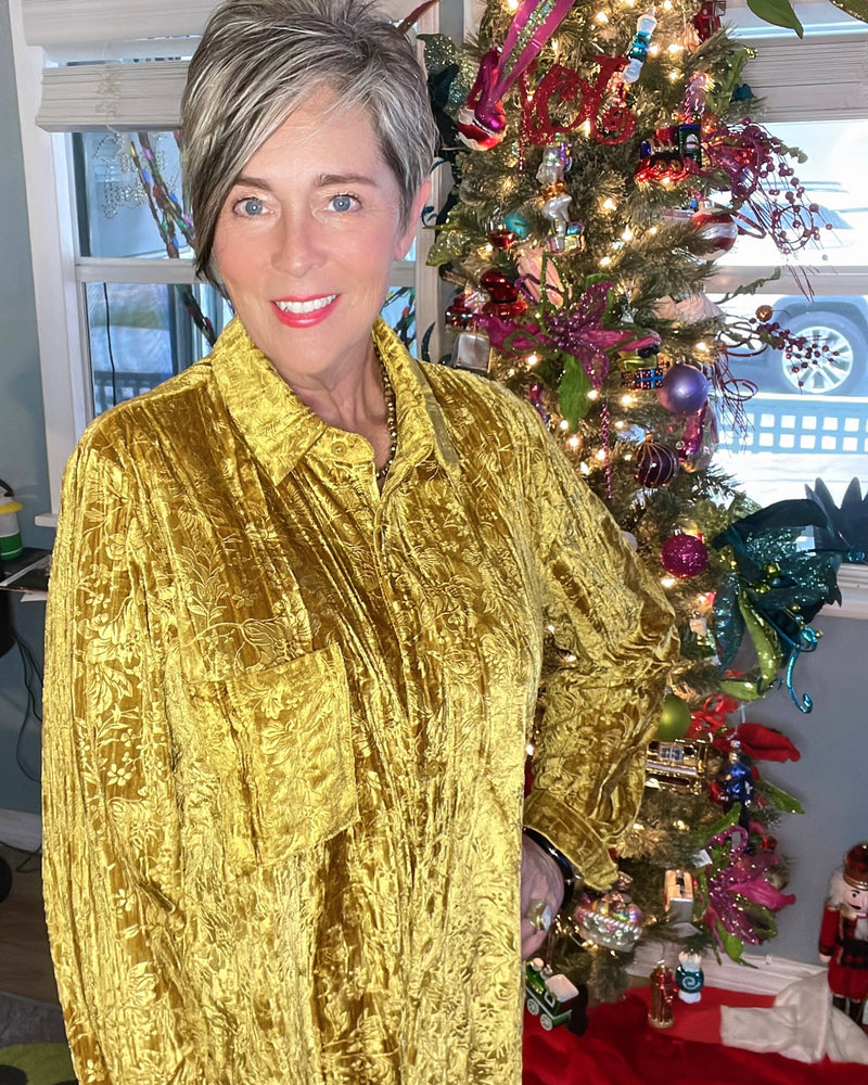 Blue or Gold Velvet Textured Embossed Button Down Long Sleeve Holiday Party Blouse