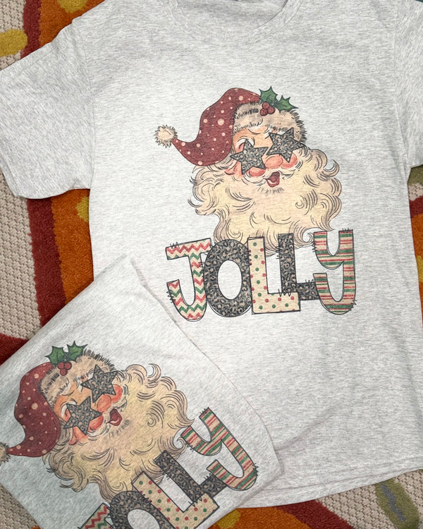 Light Gray Santa Star Eye Leopard "Jolly" Christmas Holiday Short Sleeve Graphic TShirt Top