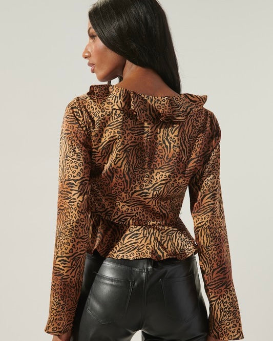 Brown & Black Satin Cheetah Animal Print Ruffle Open Neck Long Sleeve Peplum Blouse Top