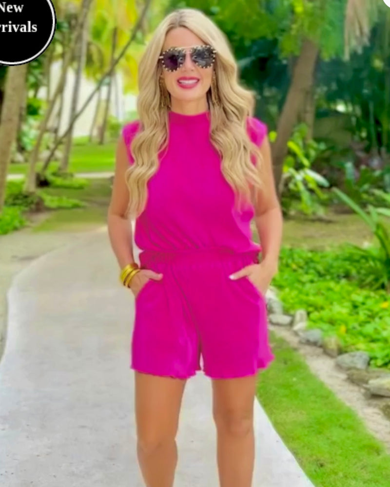 Magenta Pink Hard to Resist 2 Pc Pleated Short & Sleeveless Top Set