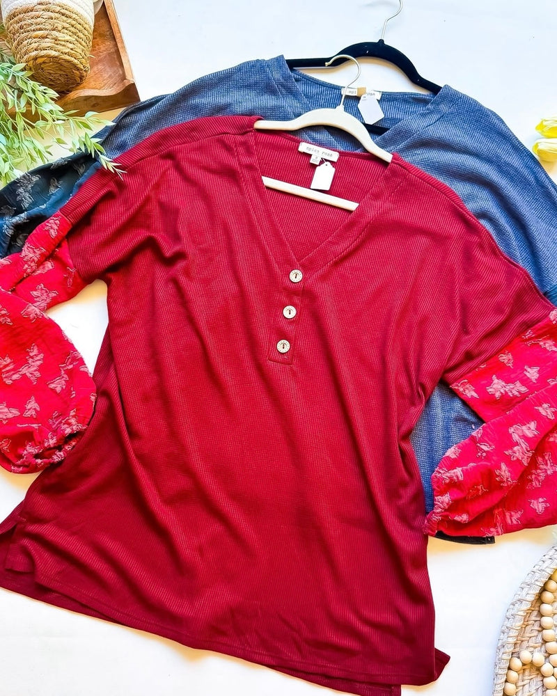 Solid Burgandy Red Contrasting Floral Print Balloon Long Sleeve Button Neck Top