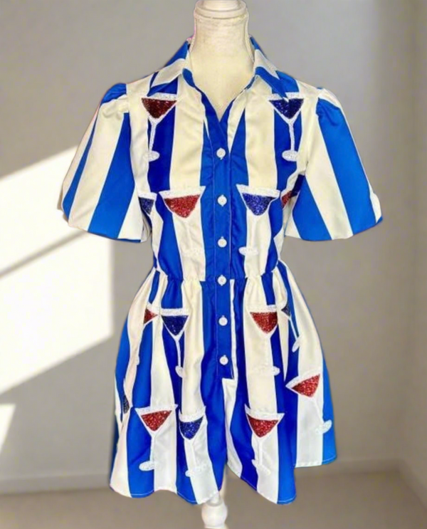 Blue & White Bold Stripe Sequin Martini Glass Short Sleeve Romper