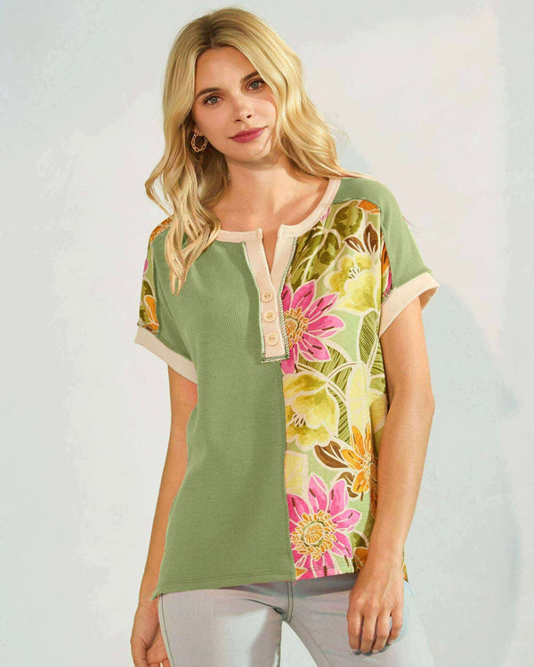 Pink or Green & Floral Color Block Button Neck Short Sleeve Top