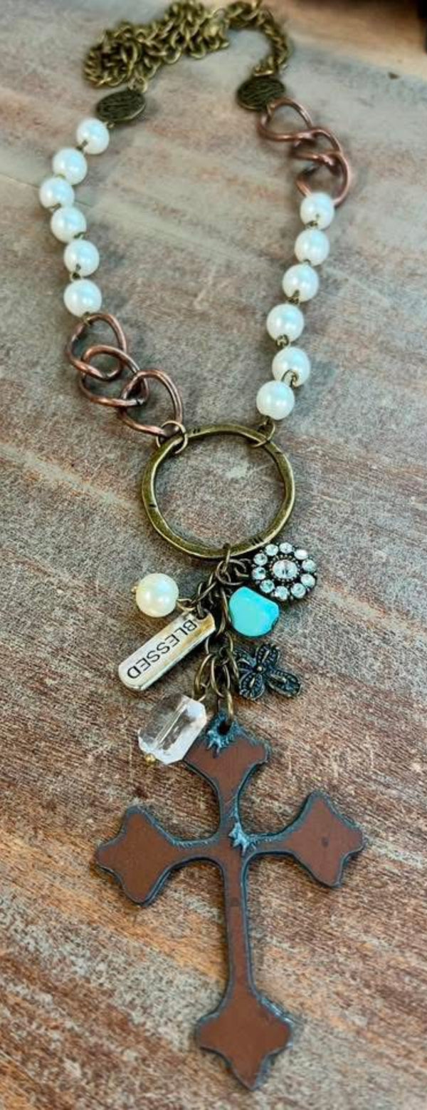 Brass Tone Link Chain & Pearl Beaded Necklace Cross Pendant and Charms