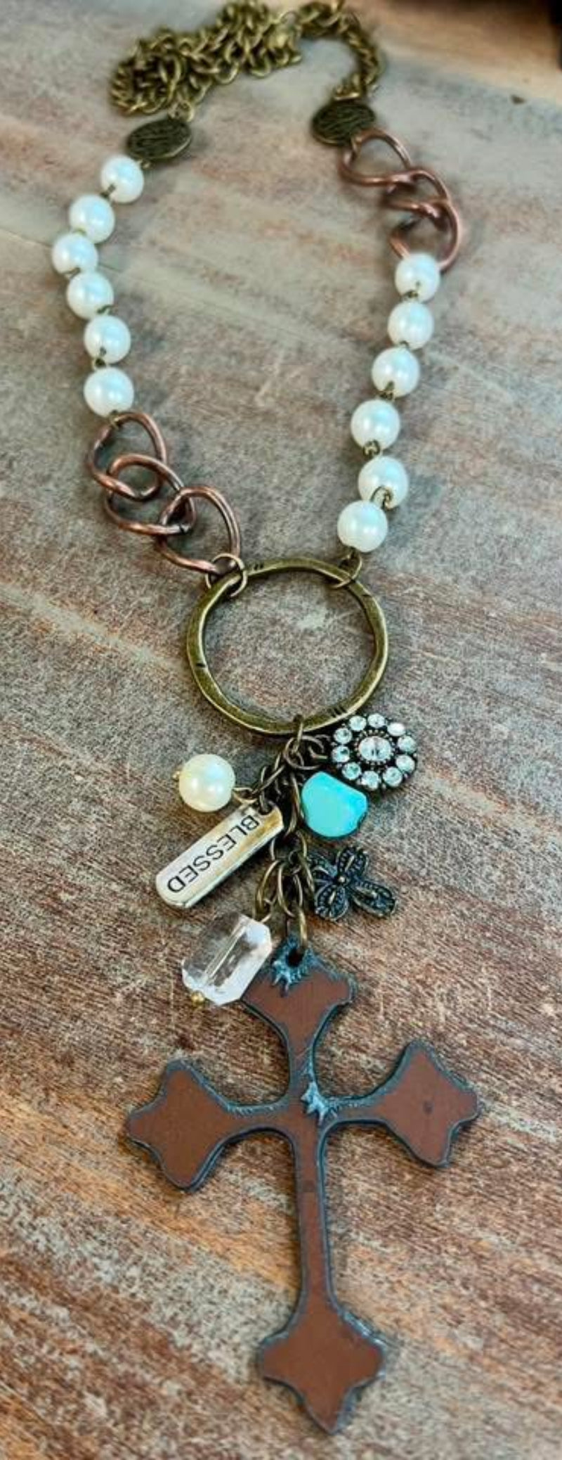 Brass Tone Link Chain & Pearl Beaded Necklace Cross Pendant and Charms