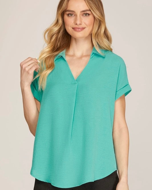 Pink, Beige or Teal Drop Shoulder Short Cap Sleeve Pleat Front Top