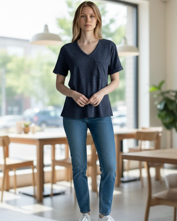 Black Light Knit Pocket Short Sleeve Sweater Top