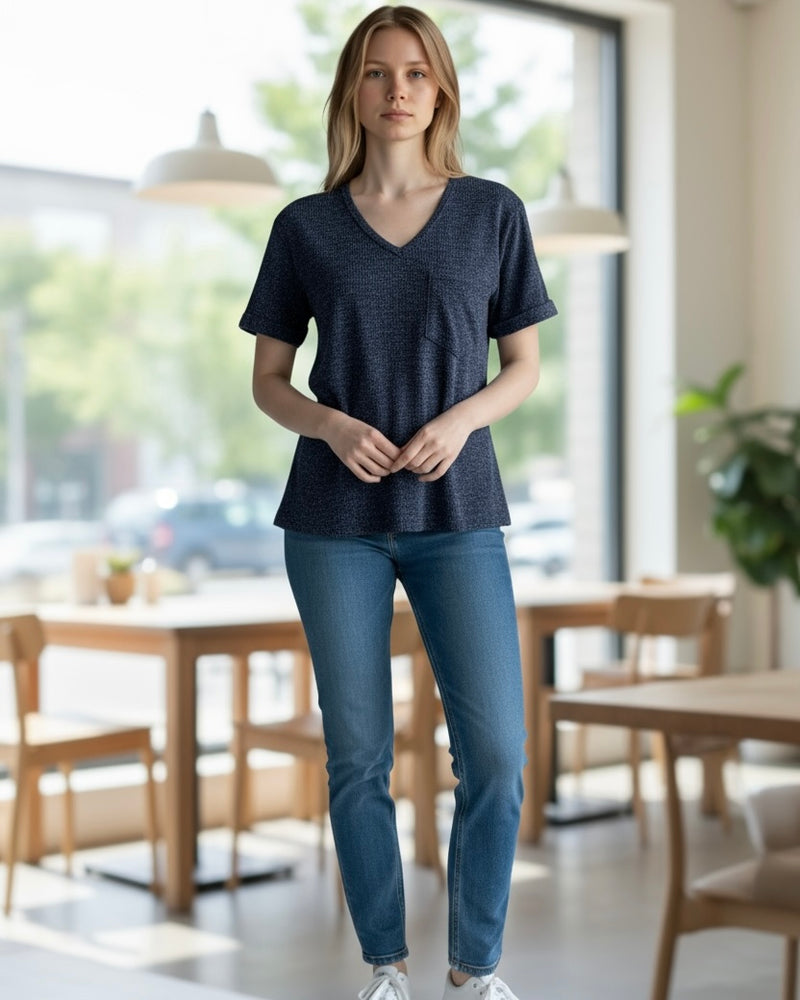 Black Light Knit Pocket Short Sleeve Sweater Top