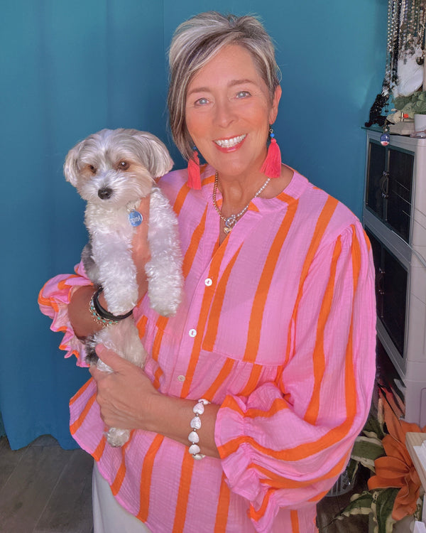 Pink w/Orange Stripe Long Balloon Sleeve Button Down Blouse