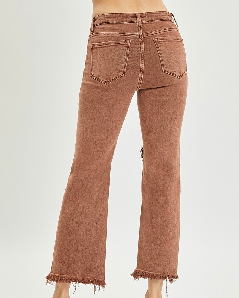 Moss Green or Expresso Brown High Rise Stretch Colored Straight Leg Ankle Frey Jeans Denim Pants