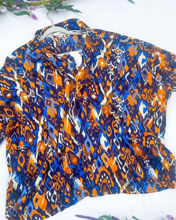 Plus Size Blue, Gold & Black Abstract Button Short Kimono Sleeve Top