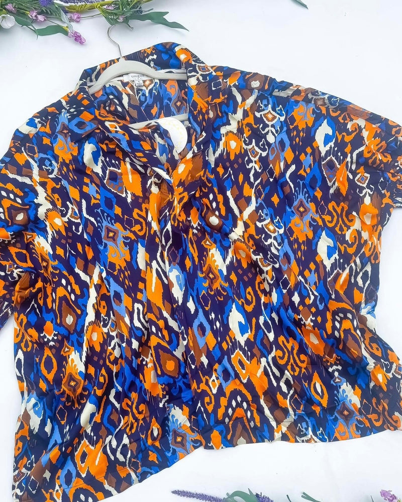 Plus Size Blue, Gold & Black Abstract Button Short Kimono Sleeve Top