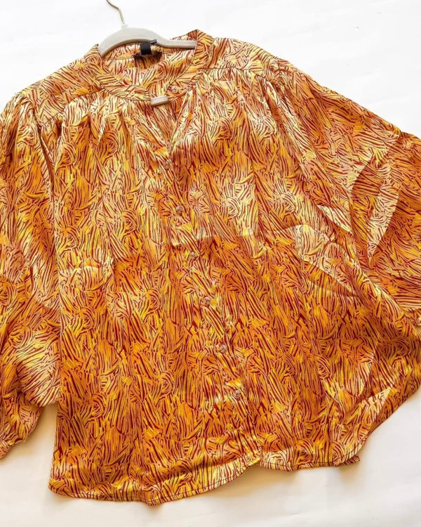 Citrus Gold Wheat Print Button Down Dolman Sleeve Blouse