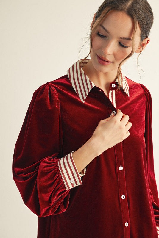 Garnet Red or Emerald Green Velvet Button Down Long Sleeve Contrast Stripe Top