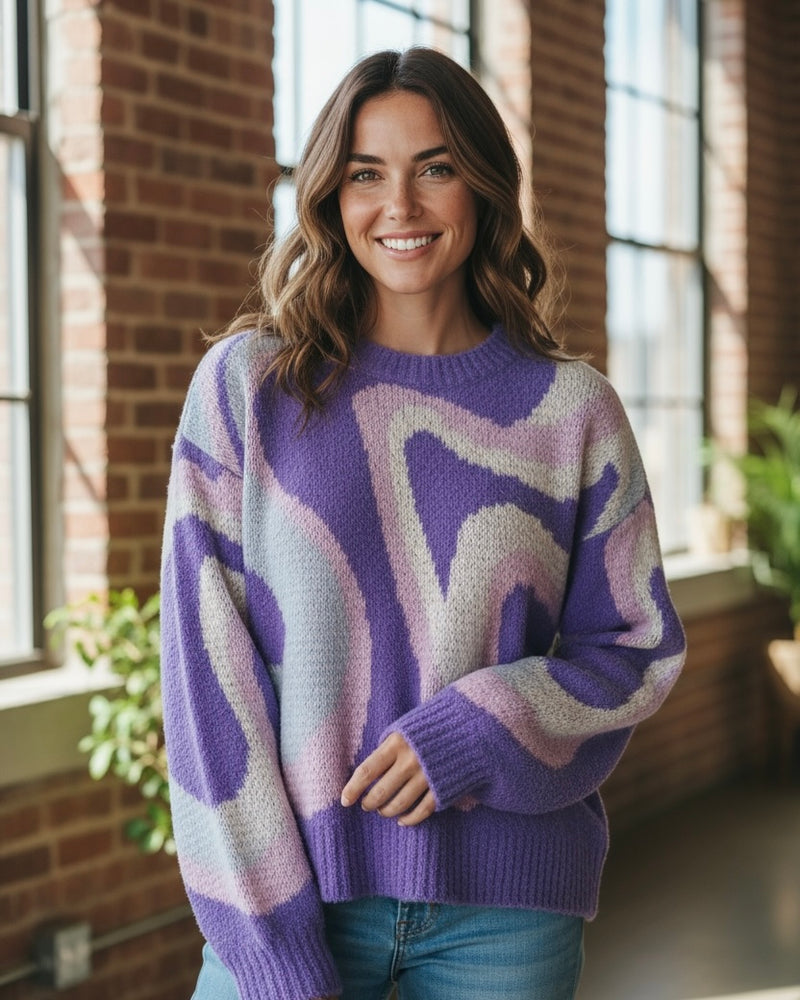 Purple Two Tone Soft Graphic Print Long Sleeve Round Neck Sweater Top