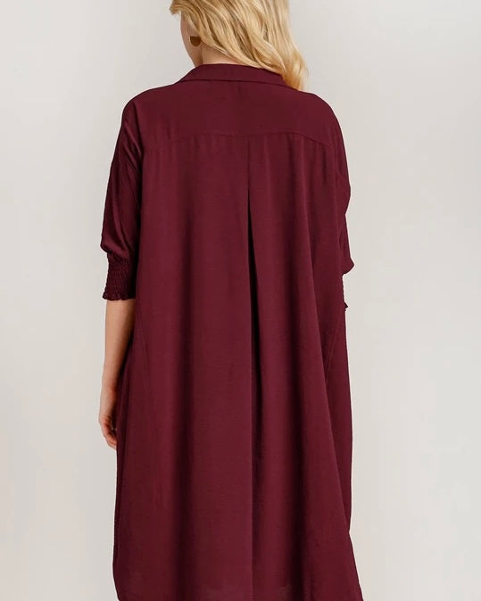 Plus Size Red Burgandy Wine Open Neck Elbow Smock Sleeve Pocket Tunic Dress