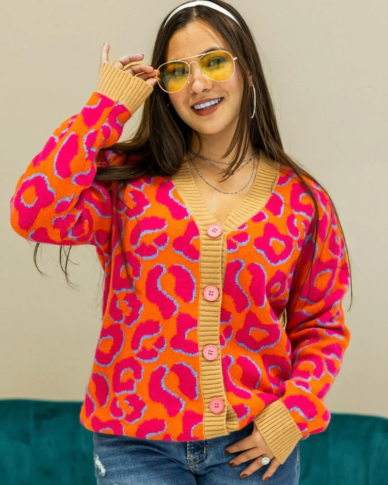 Plus Size Orange & Pink Leopard Animal Print Button Front Long Sleeve Sweater Cardigan