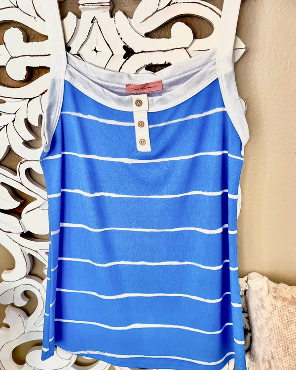 Blue & White Stripe Sleeveless Button  Neck Tank top