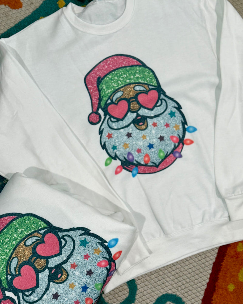 White Sweatshirt with Holiday Light Santa Christmas Sweatshirt