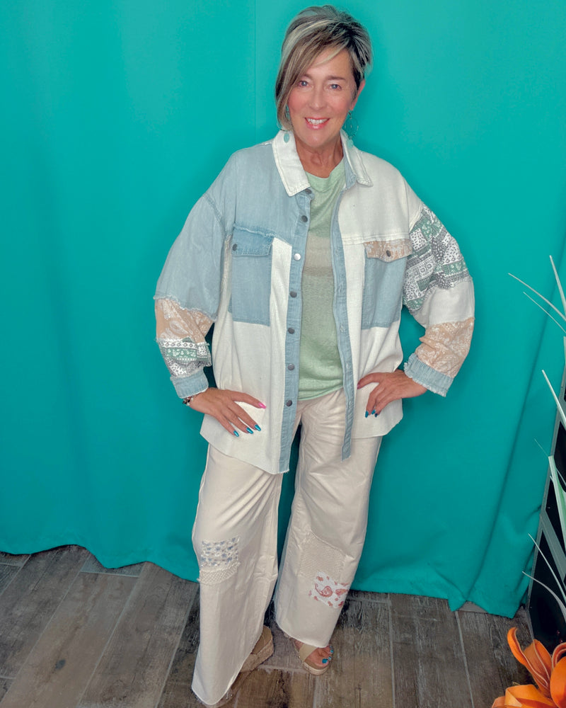 Boho Khaki Denim, Waffle & Lace Hi Lo Oversized Patch Balloon Sleeve Button Down Shirt/Jacket