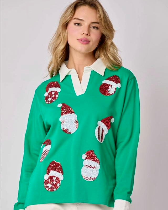 Christmas Green Santa Hat Ornament Sequin Long Sleeve Collar Pullover Sweatshirt Top