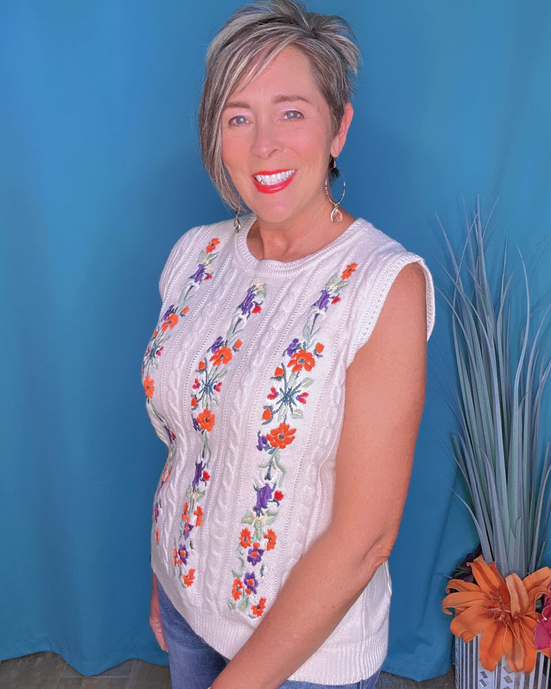 Sleeveless Cream Off White Light Knit Sweater Vest with Embroidery Floral Top